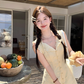 Yellow sleeveless waist a-line dress women's summer French temperament skirt R4622
