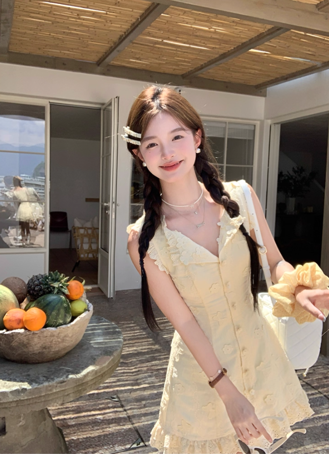 Yellow sleeveless waist a-line dress women's summer French temperament skirt R4622