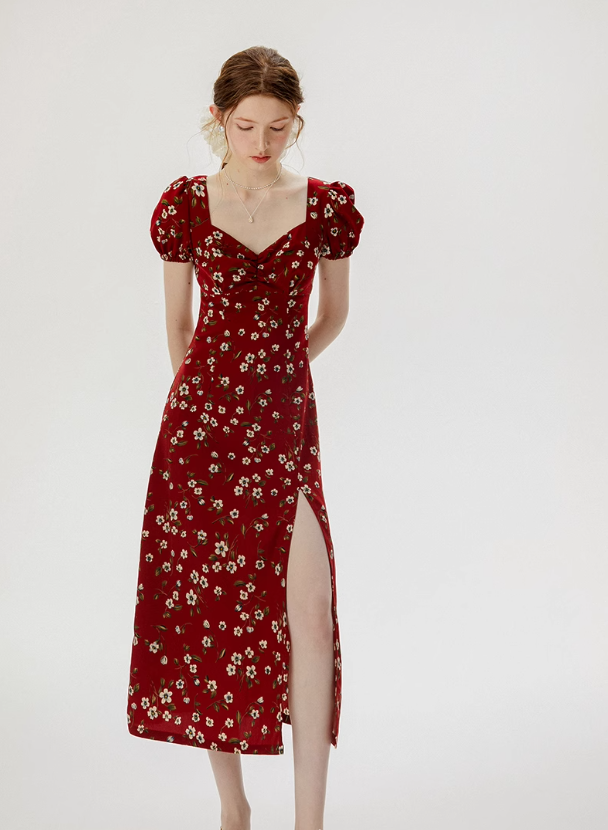 French floral red dress 2025 high-end wear R2703