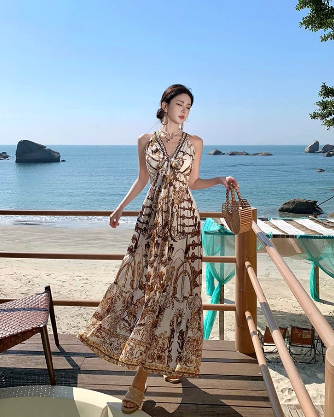 Bohemian style v-neck floral suspender dress temperament waist A-line long skirt R0592