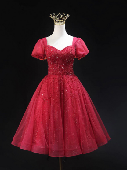 Glitter Red Beaded Homecoming Dress ,A-Line Square Tulle Corset Short Prom Dress RS814