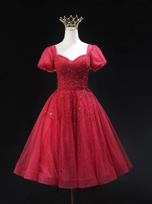 Glitter Red Beaded Homecoming Dress ,A-Line Square Tulle Corset Short Prom Dress RS814