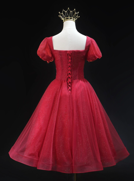 Glitter Red Beaded Homecoming Dress ,A-Line Square Tulle Corset Short Prom Dress RS814