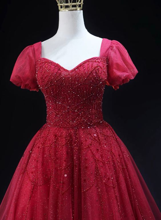 Glitter Red Beaded Homecoming Dress ,A-Line Square Tulle Corset Short Prom Dress RS814