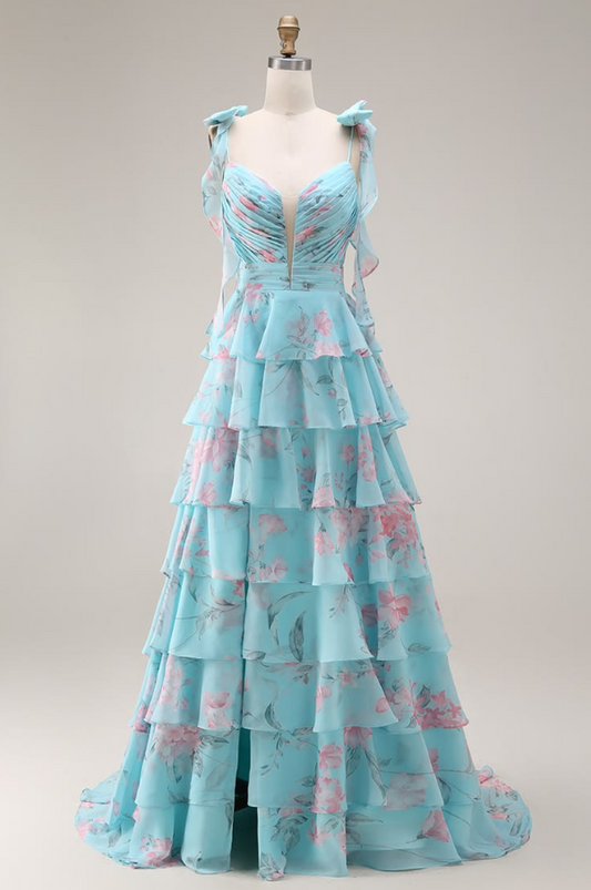 Elegant Baby Blue Prom Dress ,A-Line Spaghetti Straps Frilled Corset Maxi Summer Dress RS1083