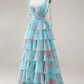 Elegant Baby Blue Prom Dress ,A-Line Spaghetti Straps Frilled Corset Maxi Summer Dress RS1083