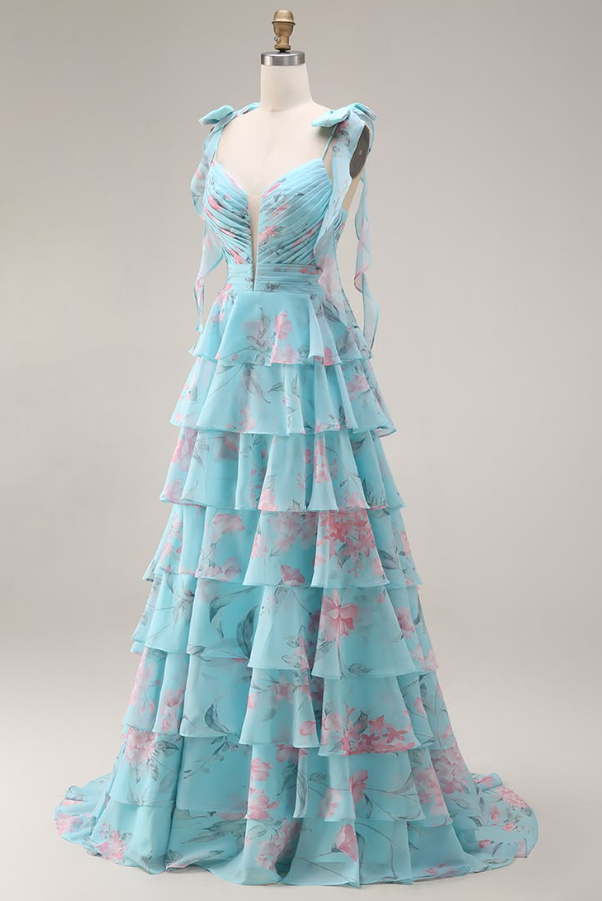Elegant Baby Blue Prom Dress ,A-Line Spaghetti Straps Frilled Corset Maxi Summer Dress RS1083