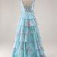 Elegant Baby Blue Prom Dress ,A-Line Spaghetti Straps Frilled Corset Maxi Summer Dress RS1083