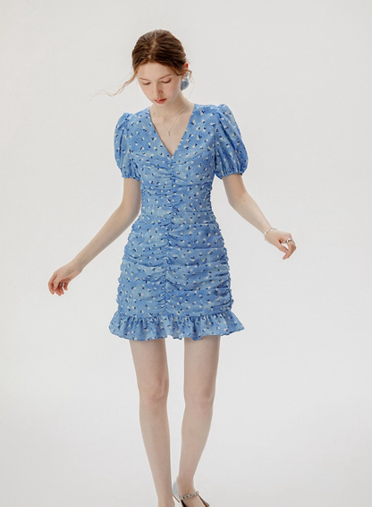 Short hip skirt summer French floral skirt blue petite pleated dress R2714
