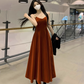 Fairy French retro velvet suspender skirt slim fit waist long skirt dress R1722