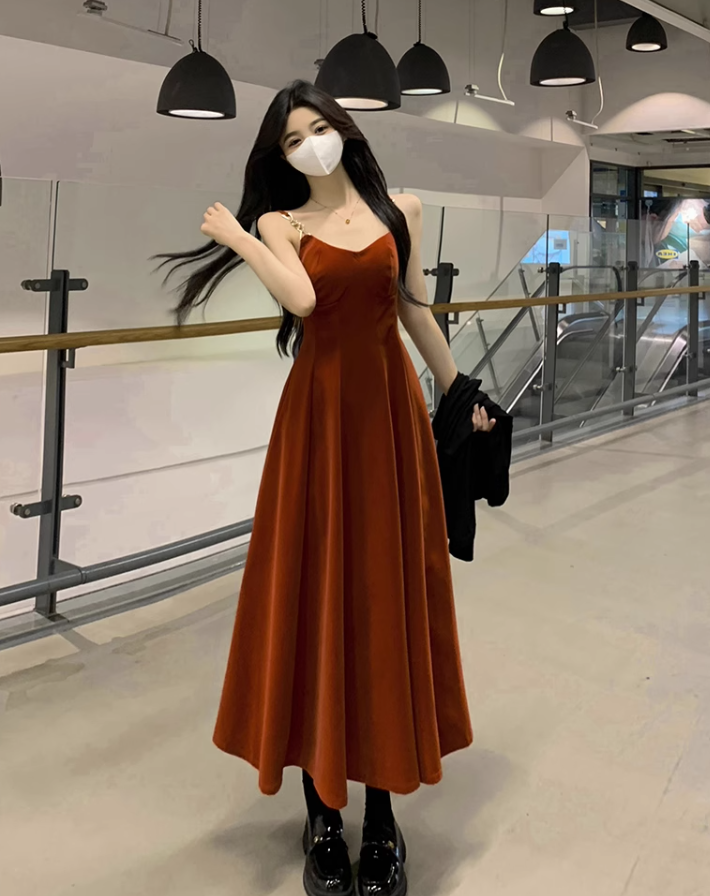 Fairy French retro velvet suspender skirt slim fit waist long skirt dress R1722