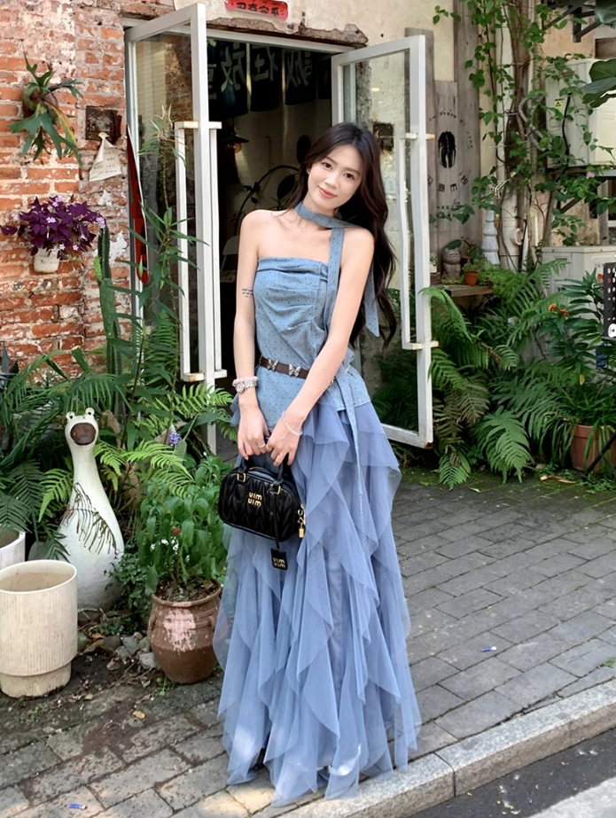Beautiful outfit set: blue polka dot irregular tube top, mesh ruffle skirt, two-piece set R1720