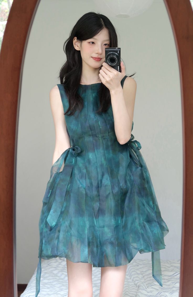 Dark green tie-dyed sleeveless loose straight cute fresh short skirt homecoming dress R4011