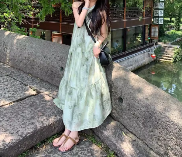 Ink painting halter neck dress seaside holiday style retro cool temperament skirt R0765