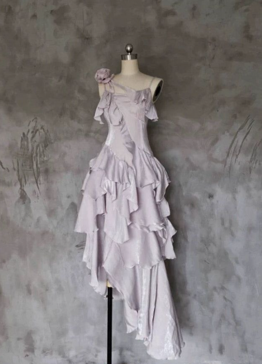 Flowy Lavender Ruffled Prom Dress ,A-Line Spaghetti Straps Asymmetrical Hem Bodycon Cocktail Dress Cami Dress RS1085