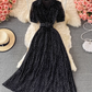 2025 Puff Sleeve Lapel Pleated Polka Dot Dress Waist Slimming Long Swing Dress Short Sleeve R0382