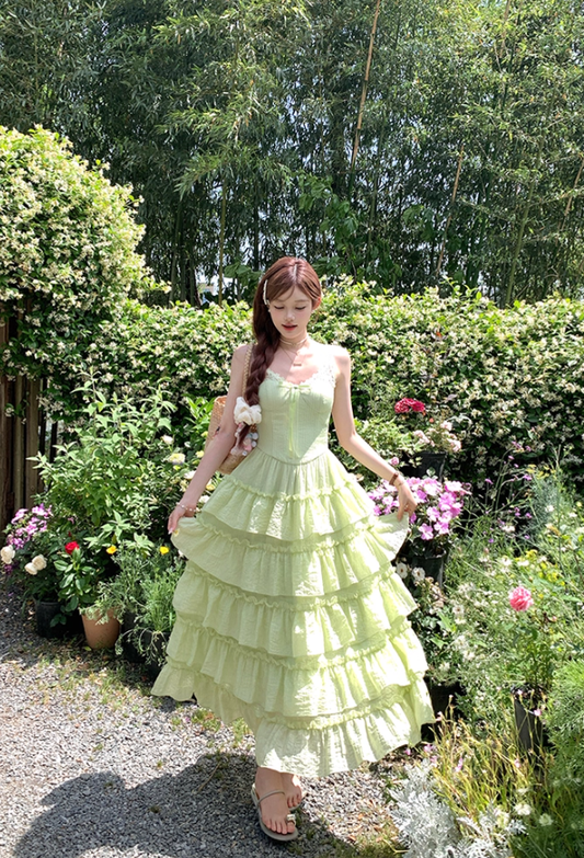Green v-neck ruffled waist Tencel suspender dress women's summer French forest style skirt R4617