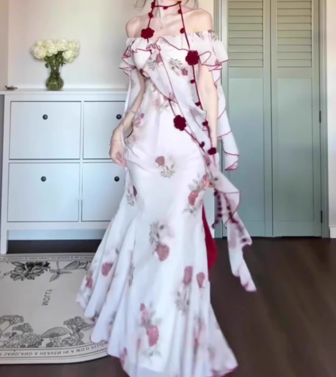 Retro floral one-shoulder dress with gentle temperament and slim waist and hip skirt R0645