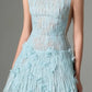 Light blue pleated pattern slim waist A-line short skirt homecoming dress R3814