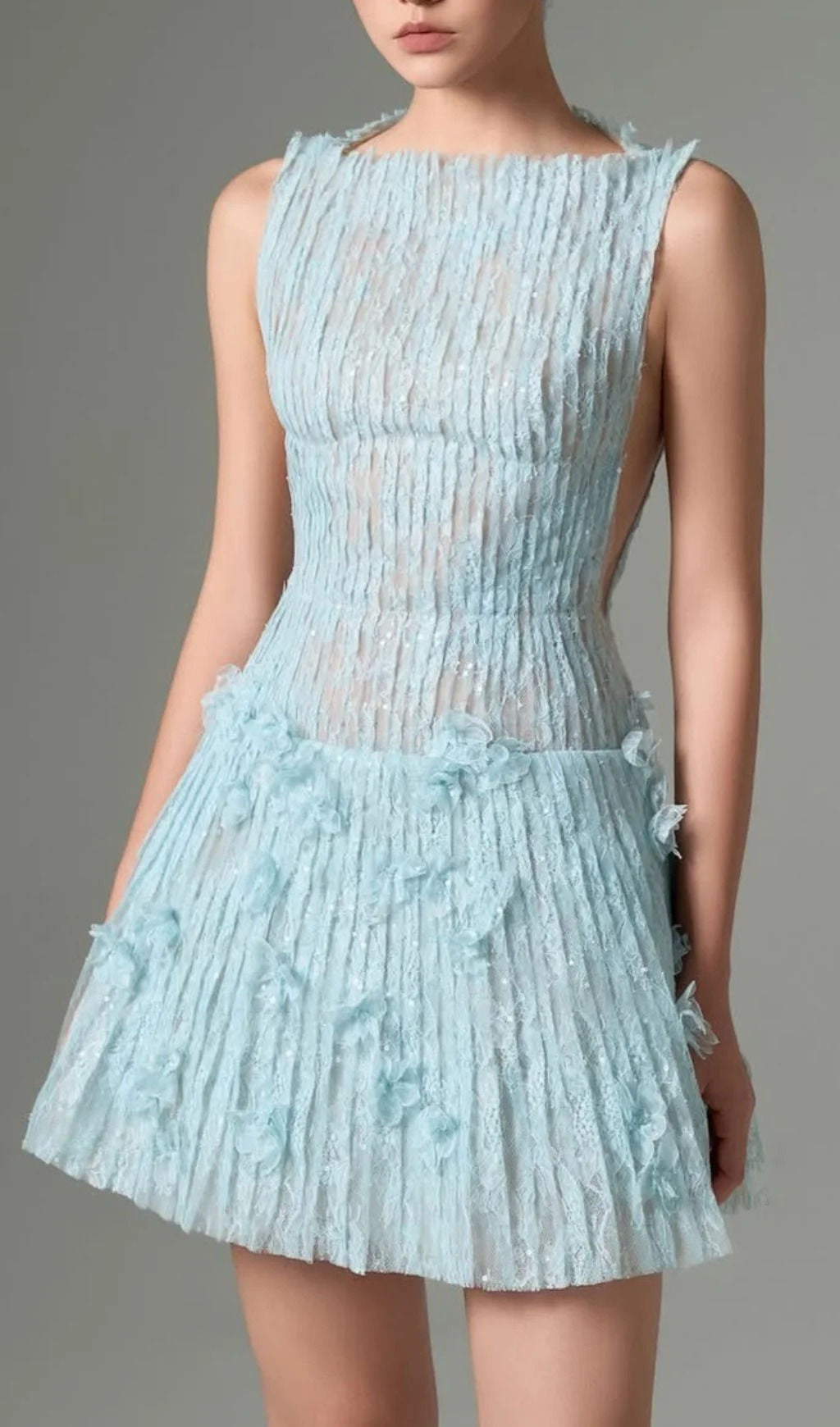 Light blue pleated pattern slim waist A-line short skirt homecoming dress R3814