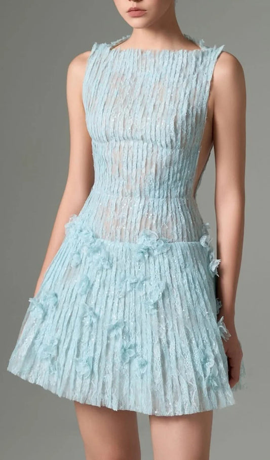 Light blue pleated pattern slim waist A-line short skirt homecoming dress R3814