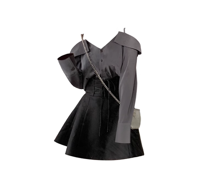 Paired with a complete set of suspender strapless long-sleeved shirt + tie waist skirt two-piece set R0110