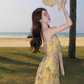 Yellow gradient floral suspender dress with gentle temperament and slim waist R0681