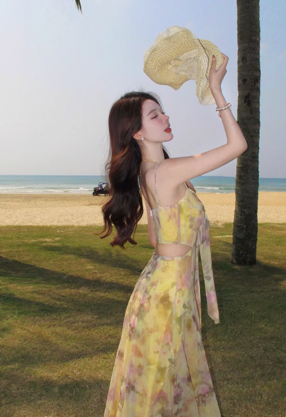 Yellow gradient floral suspender dress with gentle temperament and slim waist R0681