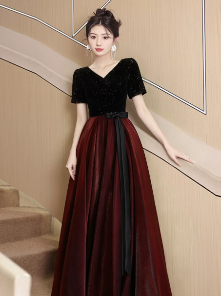 Elegant Burgundy and Black Prom Dress ,A-Line Jewel Corset Maxi Evening Dress RS1087