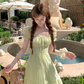 Green long waist square collar short sleeve dress summer French retro a-line high-end skirt R4704