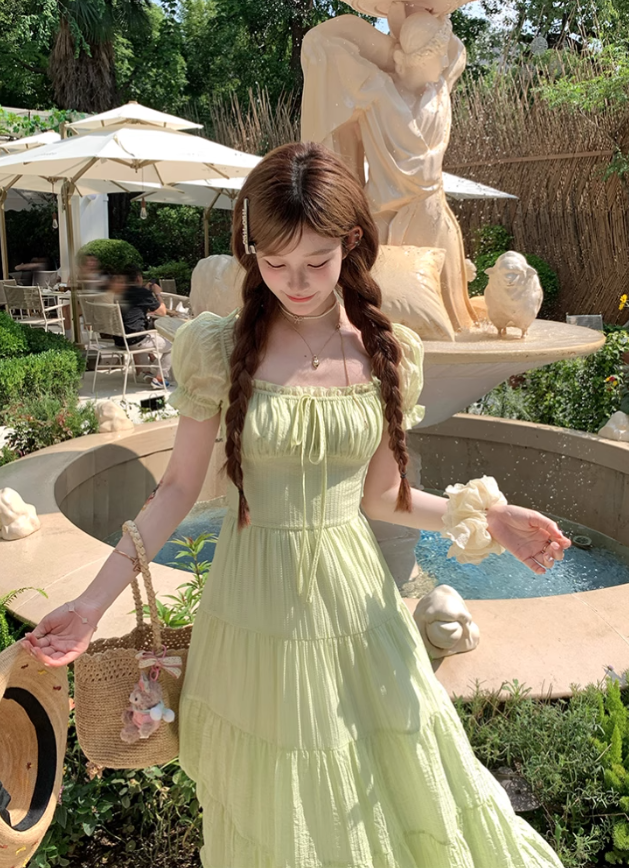 Green long waist square collar short sleeve dress summer French retro a-line high-end skirt R4704