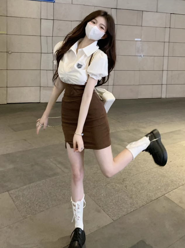 American college style retro hip skirt suit 2025 large size pure white shirt suit R1408