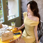 French off-shoulder yellow dress for women Korean style dating temperament slim short skirt R4296