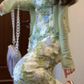 Gentle green floral suspender dress with beautiful temperament waist long skirt R0654