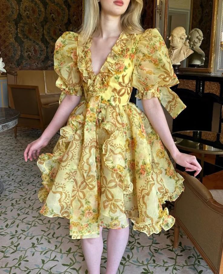 Yellow Retro Floral Princess Tutu Homecoming Dress R2829