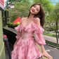 Pink floral halter one-shoulder waist slim chiffon gentle style short skirt homecoming dress R4002
