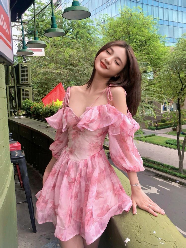 Pink floral halter one-shoulder waist slim chiffon gentle style short skirt homecoming dress R4002