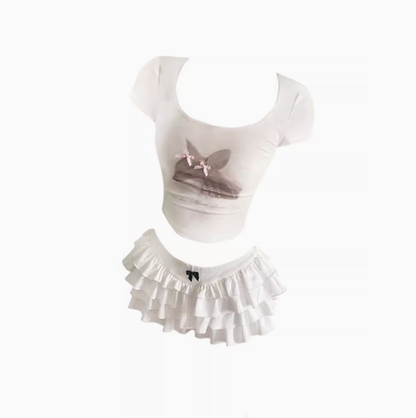 Sweet Printed Bow Short T-shirt 2025 Large Size Low Waist Cake Skirt Set R1068