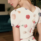 Printed square neck short sleeve dress French retro style waist slim long skirt R2909