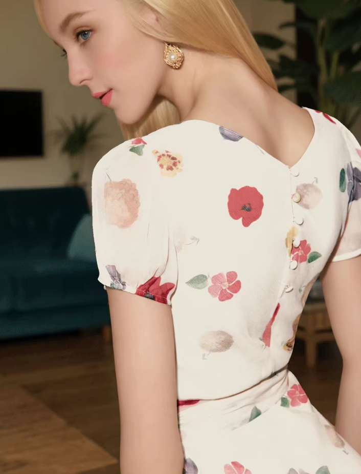 Printed square neck short sleeve dress French retro style waist slim long skirt R2909