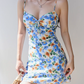American pastoral blue floral dress waist suspender dress A-line short skirt R2856