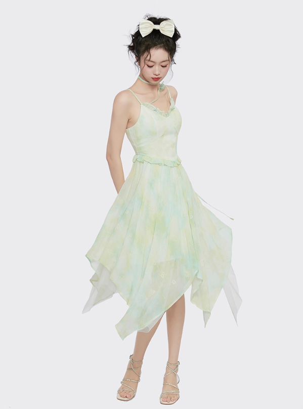 Small fresh and chic skirt embroidered suspender dress women's summer irregular mid-length skirt R4118