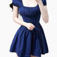 2025 Summer New Blue Square Neck Puff Sleeve Waist Slimming Short A-Line Dress R0944