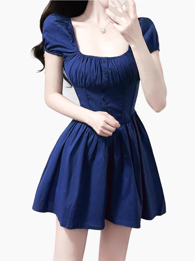 2025 Summer New Blue Square Neck Puff Sleeve Waist Slimming Short A-Line Dress R0944