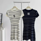 Round neck striped knitted dress for women 2025 summer small fragrance style medium long skirt R0288