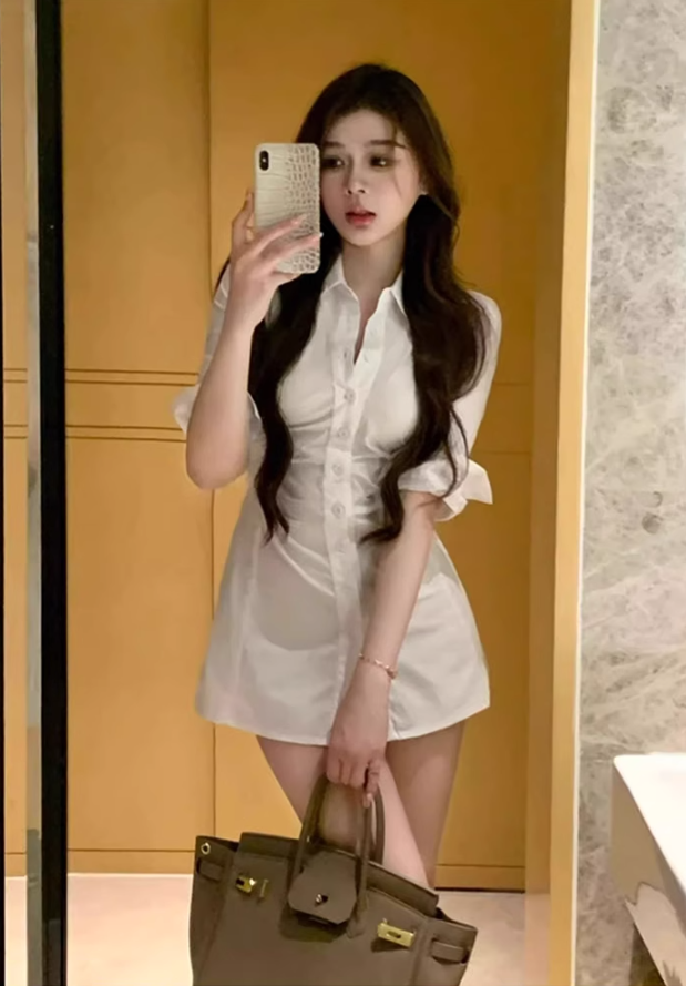 Pure desire hot girl pleated slim lapel shirt 2025 royal sister waist mid-sleeve top R1138