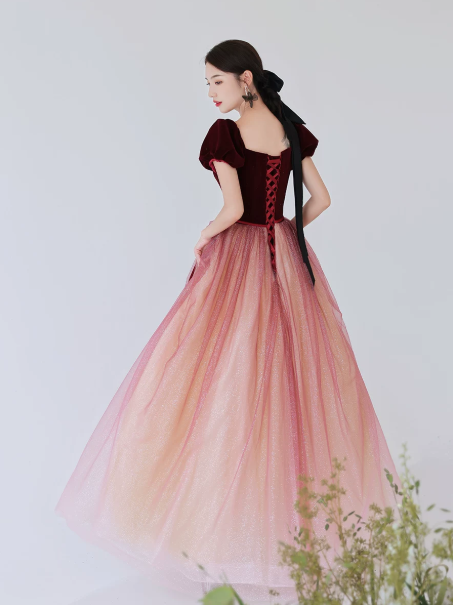 Charming Burgundy Prom Dress ,A-Line Sweetheart Puff Sleeves Corset Maxi Evening Dress RS1089