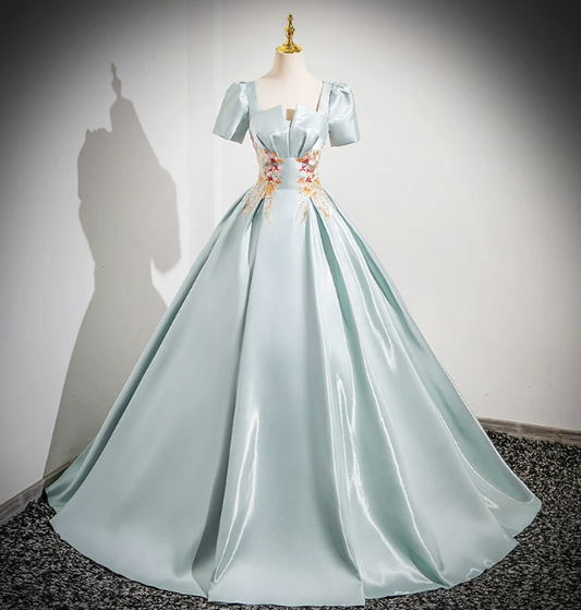 Elegant Mint Green Prom Dress ,A-Line Square-neck Embroidery Corset Maxi Evening Dress RS1090