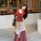 Fairy outfit two-piece suit design halter neck t-shirt fake two-piece plaid skirt suit R1699