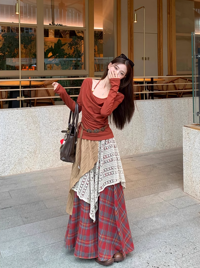 Fairy outfit two-piece suit design halter neck t-shirt fake two-piece plaid skirt suit R1699